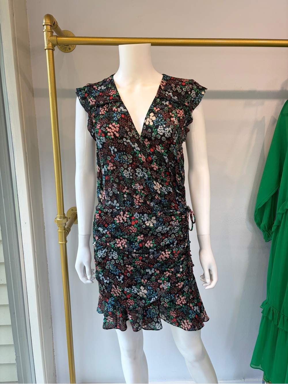 Veronica Beard Floral Wrap V-Neck Ruffled Dress - Black Multi